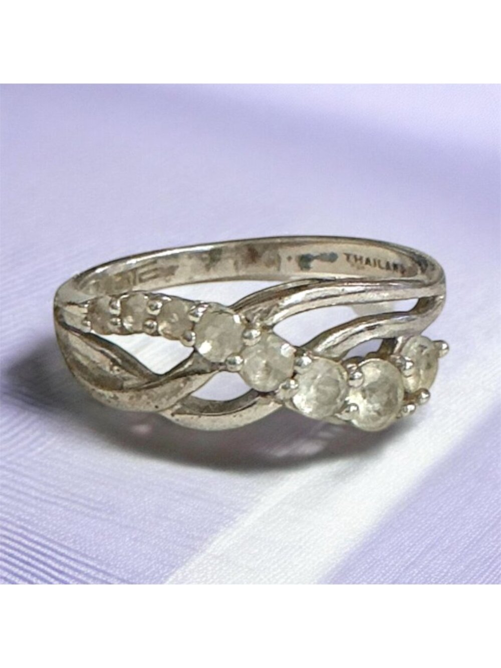 Vintage Criss Cross CZ Sterling Silver Ring Signed Thailand 925 Size 7.75